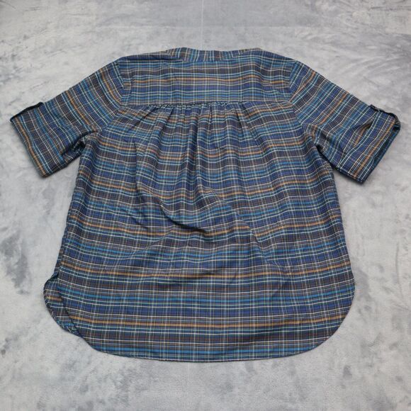 MLM Label Shirt Womens Multicolor Short Sleeve Vneck Button Plaid Blouse - Picture 14 of 16